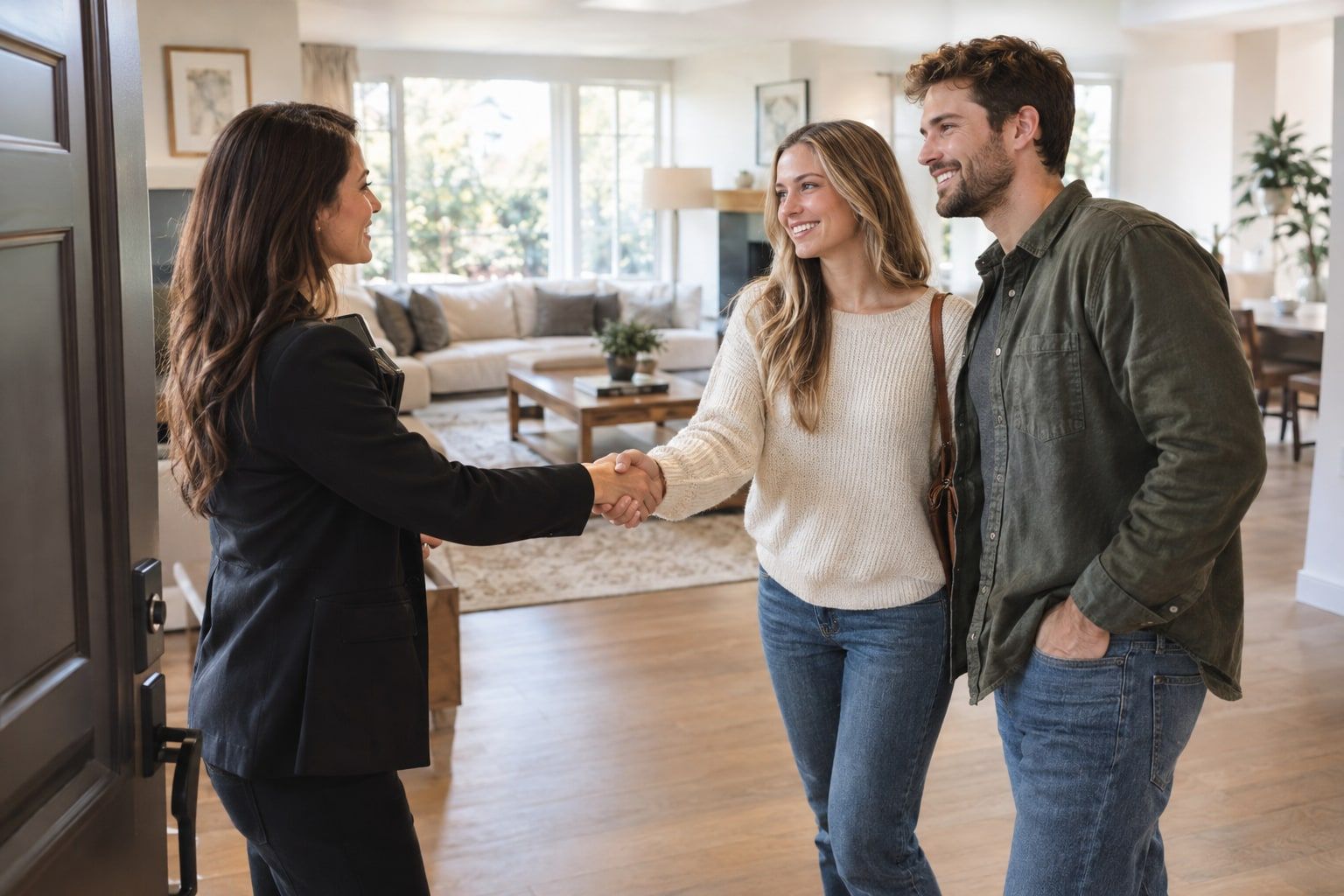 Real estate agent meeting buyers at an open house