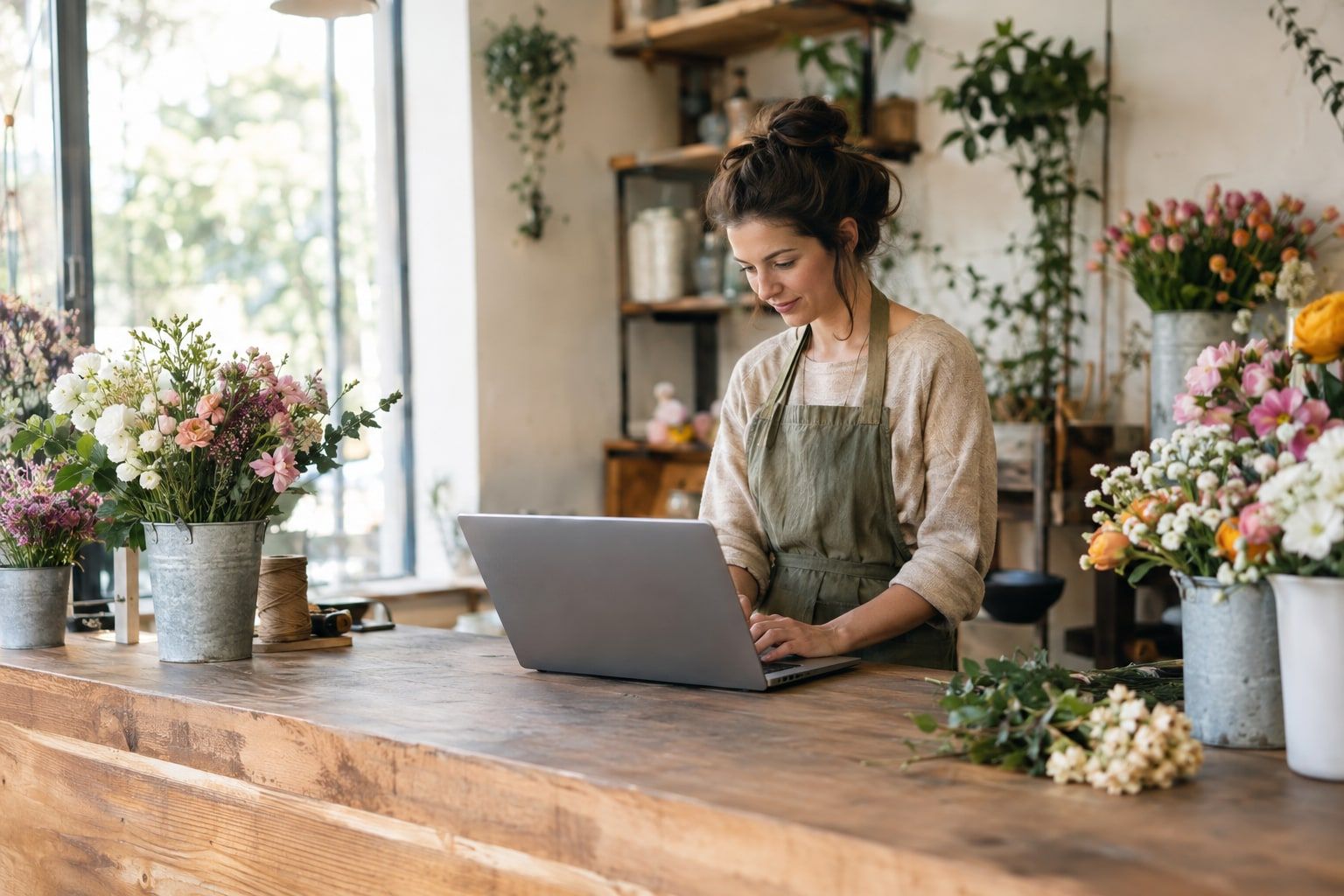 Owner of a small flower shop managing customer orders on a laptop