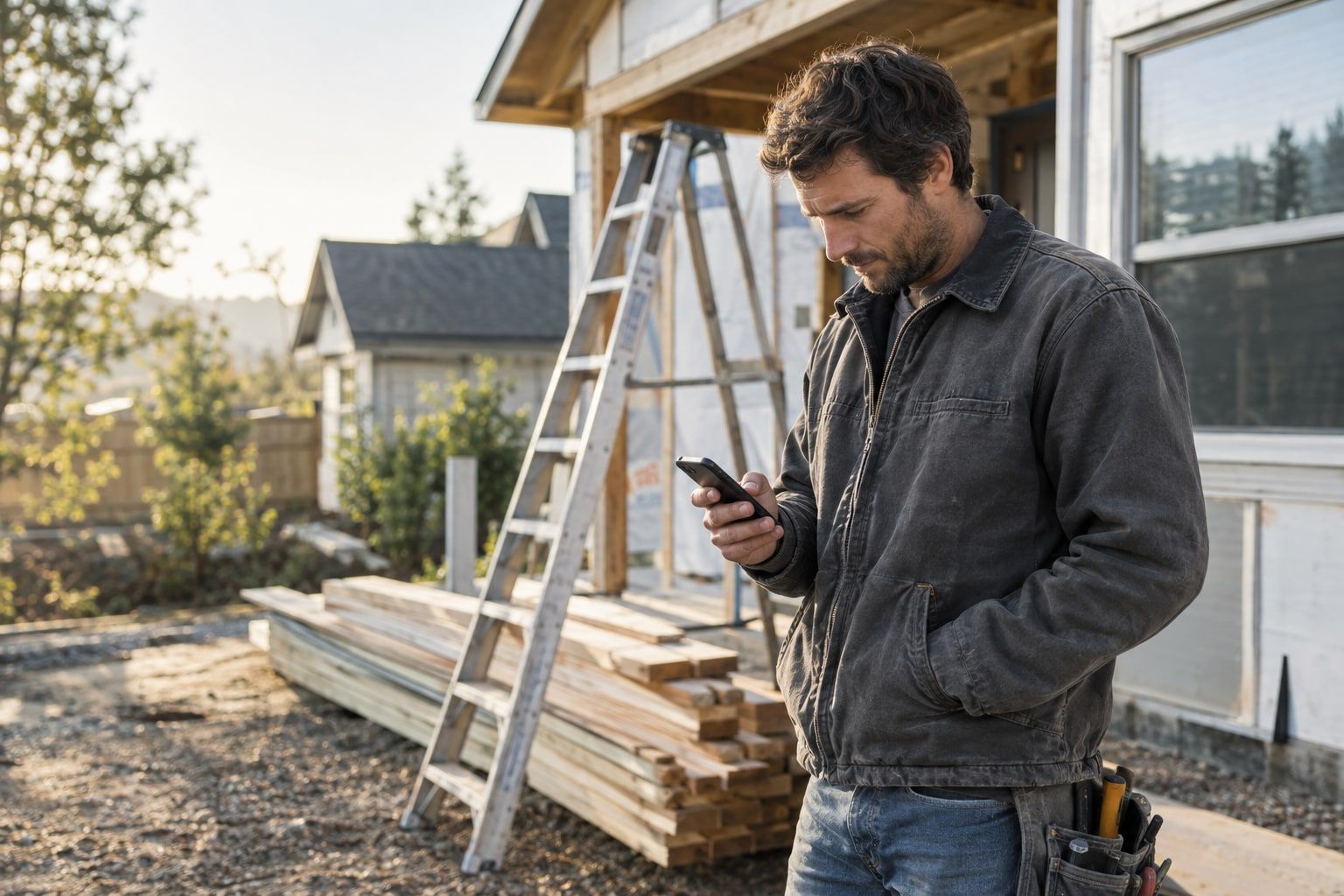 Contractor checking his schedule on his phone at a job site